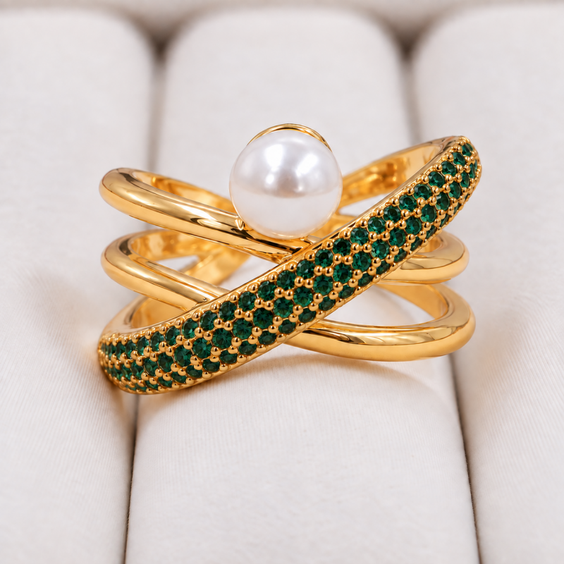 Anillo cruzado verde con perla