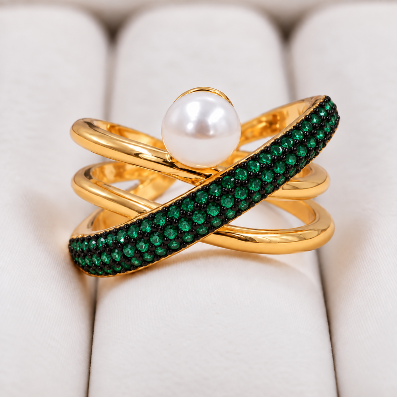 Anillo cruzado verde con perla